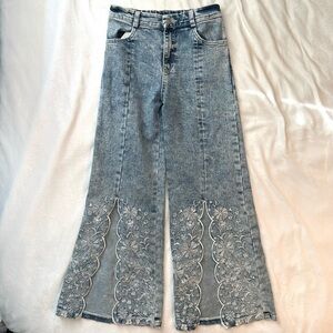 Hannah Banana Girl's Denim Embroidered Floral Front Slit Flare Leg Jeans 10 kids